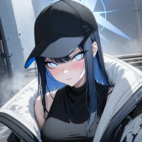 1girl,solo,saori from blue archive,(intense),medium shot,selfie,blush,makeup,pretty,eyelashes,icy cold white eyes looking at you,alluring eyes,intense gaze,black baseball cap,long peekaboo hair with black top layer over blue highlights,white jacket sliding...