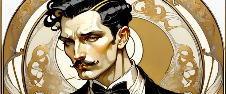 ccxl-mucha, Art style, gold and wite, retrato,elegant,A rude man with short slicked back black hair, elegant portrait,