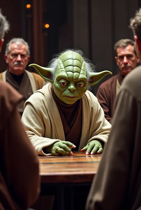 "Create an image of the Jedi Council in session, debating the implications of Anakin Skywalkers death. The scene should include Yoda, Mace Windu, and other council members, all with serious and contemplative expressions. The background should resemble the ...