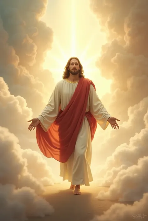 Jesus standing at the edge of a celestial horizon, walking forward through glowing mist. The light around Him is a blend of gold, white, and soft pastel tones, creating an ethereal glow. He is depicted with a calm and loving expression, wearing a white rob...