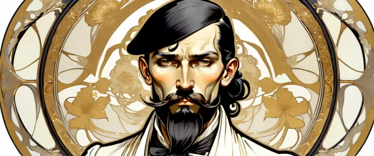 ccxl-mucha, Art style, gold and wite, retrato,elegant,A rude man with short slicked back black hair, elegant portrait,Blackbeard