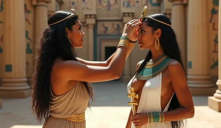 A close-up of a regal Egyptian  sensual and provocative curvy queen  and her handmaiden in a temple courtyard. The queen is dressed in a pure white gown with a deep neckline and a broad, shimmering turquoise collar. Her handmaiden wears a simpler beige dre...