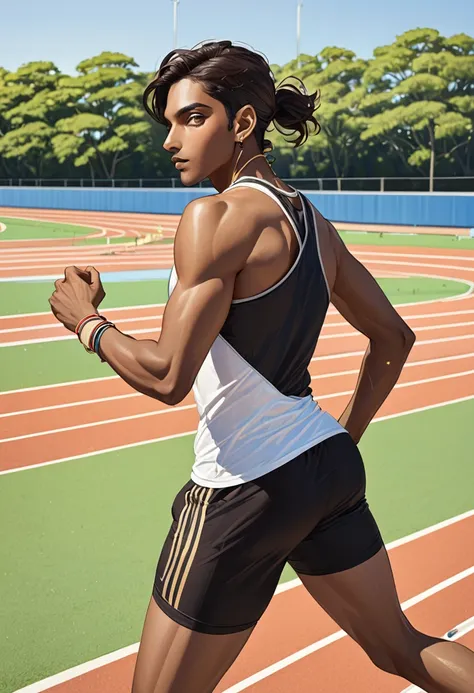 Adult cisgender male, brown skin (Indian heritage), hazel eyes, slender, 1 prosthetic leg, wearing tank top and running shorts, on running track, view from afar