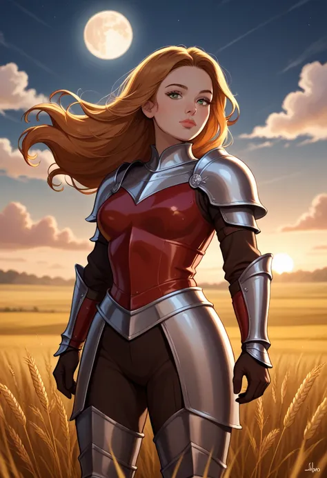 score_9, score_8_up, score_7_up, Western Comics, Cowboy Shot, girl, knight, cute, seductive, innocent, light smile:0.3, plump lips, slender body, long hair, red leather armor, sorrowful expression, faded elegance, full moon night, poignant atmosphere, lost...