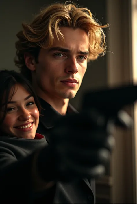 A young tall blonde curly handsome man with black seek gloves stealing a woman