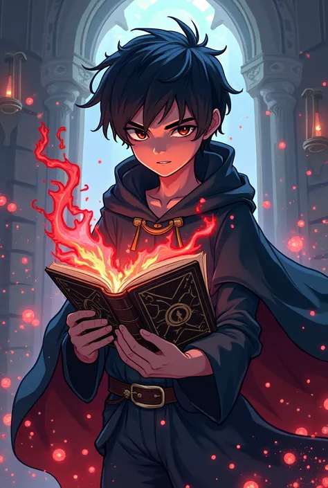 intricate pixel art, 1boy, detailed facial features, short black hair, brown eyes, determined expression, black cloak, grimoire, demonic aura, magical energy, vibrant colors, 8k, highly detailed, masterpiece, made in pixel art