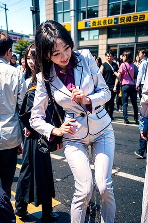  female teacher pees during street interview、Female teacher pees in front of interview interviewer、 upright immobile、A lot of peeで下半身と床が濡れる、White Suit、 beauty、 Japanese women、 Completate、 female teacher blushes with so much embarrassment 、 female teacher a...