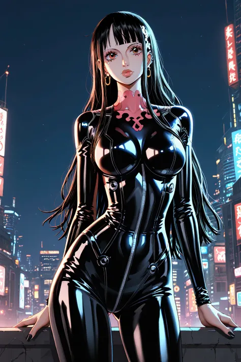 Cyberpunk, body suit, black and red, long hair, beautiful, 1 girl, punk, one piece, showing thighs, black hair, normal arms, face piercings