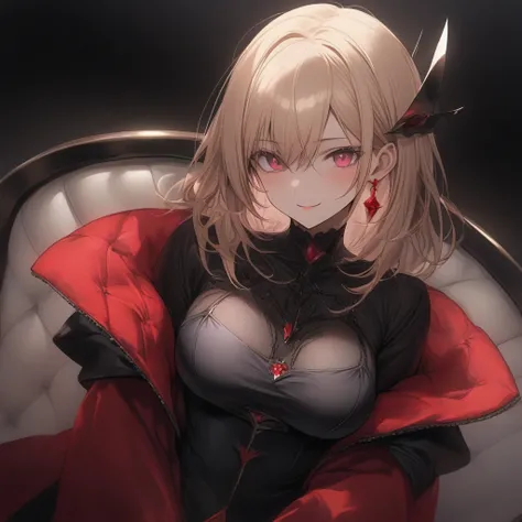 2 girl, duo ,adult, tall ,blonde hair and pink eyes, black background , seductive smile, wearing a over-sized dress,heir clip, emotionless eyes, only 1 girl, sitting on a throne like a villain, G-cup breast, focus on face, black and red mix colour jacket.