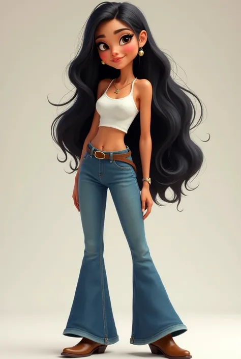 Female Disney Pixar character with white skin big eyes long eyelashes long wavy black hair wearing flared denim pants with belt,white top, gold necklace and cowboy boots  