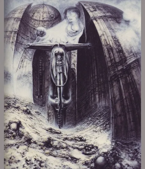 In a shadowy, surreal landscape reminiscent of H.R. Gigers most provocative works, H. R. Gigers g1g3r, , Giger_style, H. R. Gigers g1g3r, , Giger_style, The image is a detailed view of H.R. Gigers " HRG Aleph " plate, featuring ( The image depicts a surrea...