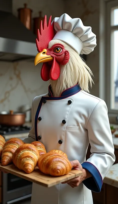 "A hyper-detailed, ultra-realistic 8K close-up of a France-themed chef, fully fused with a rooster hybrid to symbolize the iconic French emblem. The chef wears a white chef’s coat accented with blue and red trims, a beret perched atop their head, and feath...