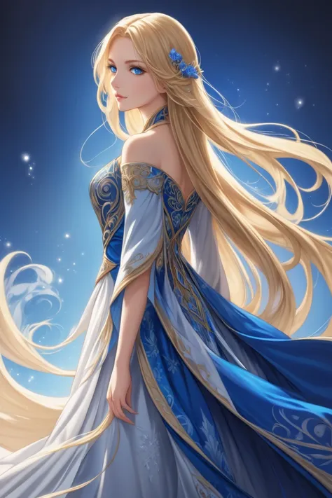 fantasy anime styled adult woman with blonde,back long straight hair without bangs and blue eyes wearing a detailed elegant fantasy dress made of flowing fabrics