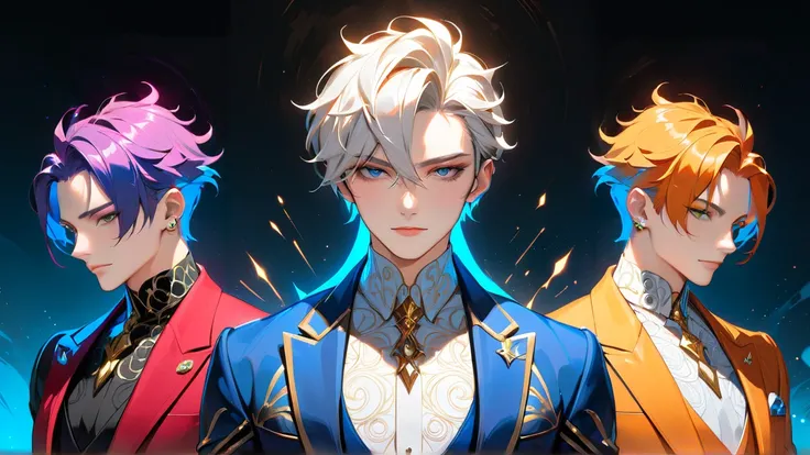 A group of stylish ung men, anime-inspired semi-realistic style, vibrant colors, glowing lighting, detailed hairstyles, expressive faces, fashionable outfits, cinematic composition, elegant and soft background, high-quality textures and artistic shading.
