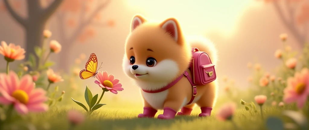 A Pomeranian dog with soft, fluffy golden fur, white fur on her snout and cheeks, a black nose, and white eyebrows that blend naturally with her fur. Her large, rounded brown eyes radiate curiosity and wonder as she gently sniffs a delicate flower with a v...