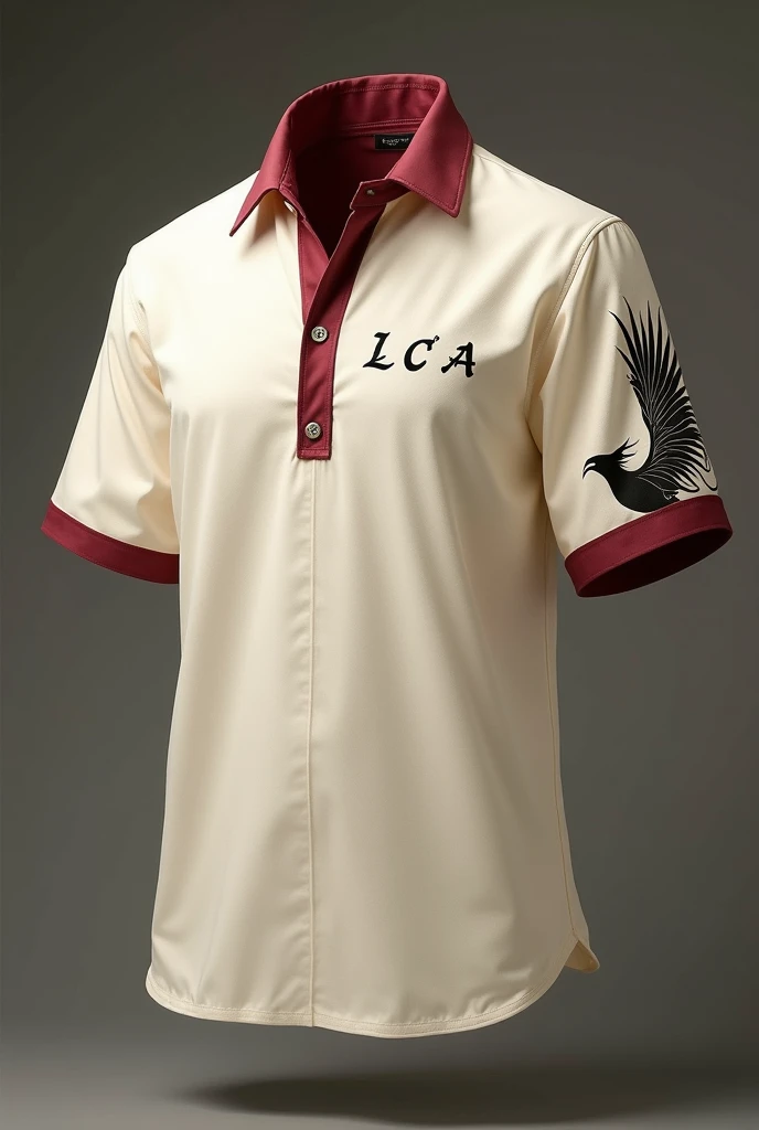  Create a cream-colored short sleeve shirt with the edge of the sleeves and red wine collar with a short closure, The silhouette of a phoenix on the edge of the right sleeve, and the acronym LCA on the left chest 