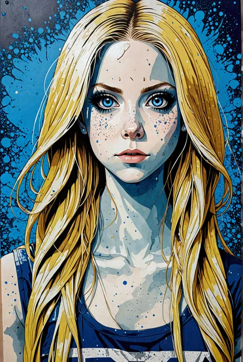 cool shading, 90s anime, flim grain, simple background, highly detailed Avril Lavigne-Nami sexy Girl character, expressive, big eyes, blue college wall, dot-stippling texture, pop art, art by Kinuko Y. Craft "grunge_highly_detailed_ink_splash_chipped_peeli...