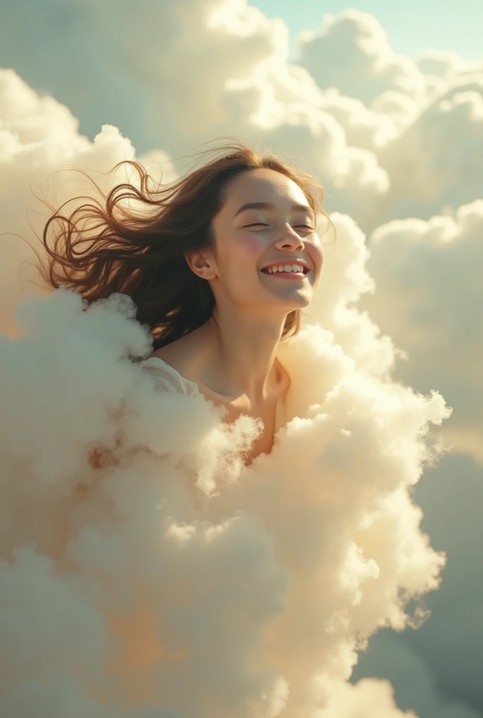 masterpiece, best quality, Stills, 1 Girl, Floating in the air, cloud girl, cloud, (close up:1.1), bright, Happy, pleasure, Soft lighting, (Bauhaus, shape, Wire, Abstract:1.1)