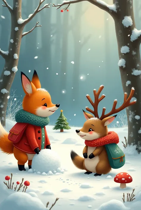  a roebuck and a hedgehog in a snowy forest clearing .  The fox chases a snowball ,  the deer grumbles on a branch and the hedgehog bears a red mushroom .  In the background is a small Christmas tree .  The animals carry Winter clothes and looking at each ...