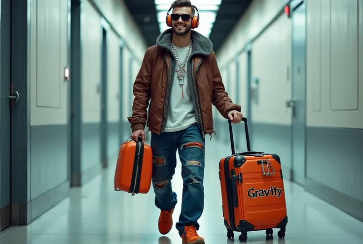 handsome european young man with super futuristic street outfit style holding a suitcase with the word Gravity tagged on it with style, walking in a corridor, Bling bling, Sunglasses, smile, headset, 