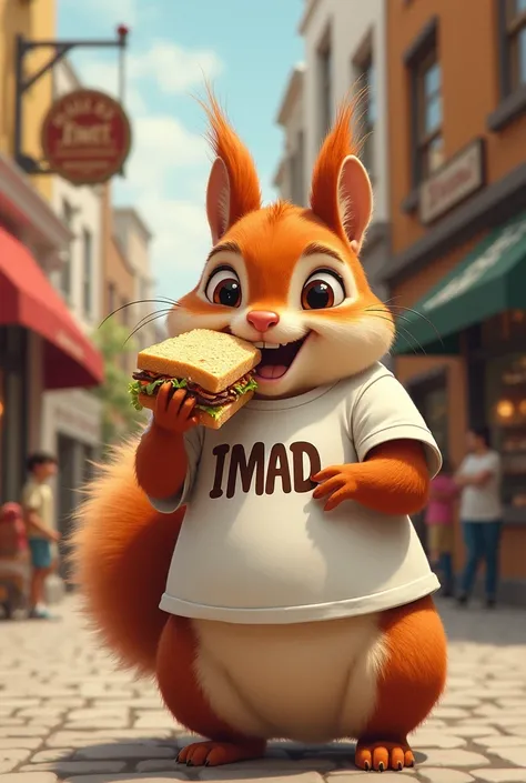 Draw a fat squirrel wearing a T-shirt that says Imad and that same squirrel eats a sandwich in front of the bakery