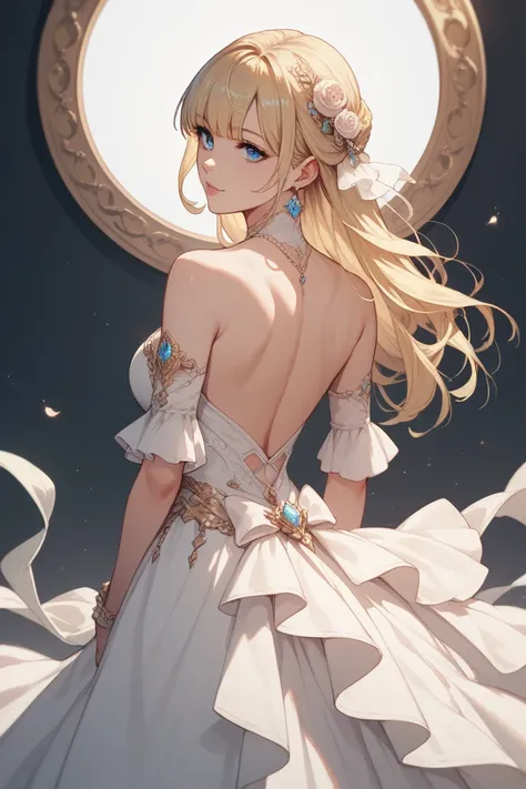 fantasy anime styled adult woman with blonde,back long straight hair without bangs and blue eyes wearing a detailed elegant pastel colored fantasy dress made of flowing fabrics