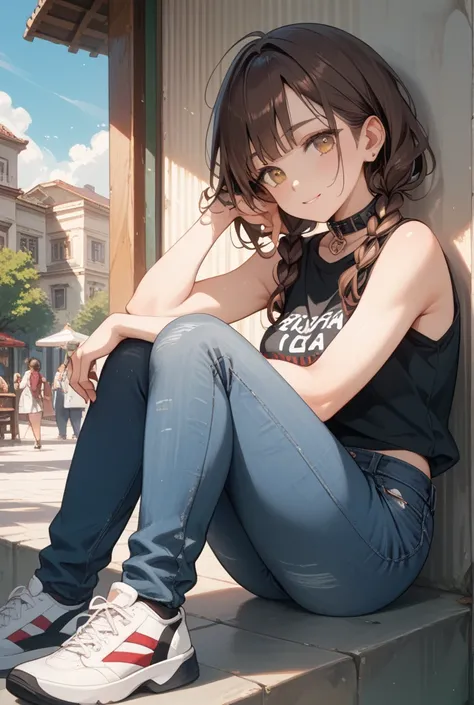  anime girl with collar bone length dark brown hair with a calm but approachable expression with tanned white skin (mexican skin) shes mexcian and has a slim hourglass figure with  hazel eyes and has no bangs and has 2 locks that frame her face and wears a...