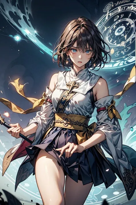    top quality , High Definition ,rpg character,Priest, Elegant look,  cold eyes,  black hair,  short hair, 1 girl, Solemn,  red eyeliner ,  black skirt with length, bangs, Thighs,  Wizard-like Clothes ,  Pretty Bright Blue Clothes with Yellow Lines, Ornam...