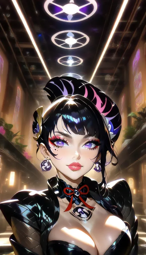 1girl, raiden shogun, Holo-Punk Style, goth,  earrings, eyelashes, indoors, jewelry, lips, makeup, necklace, solo, tattoo, faux hawk, punk aesthetic, foreshortening, dark background, cinematic lighting, masterpiece, best quality , 