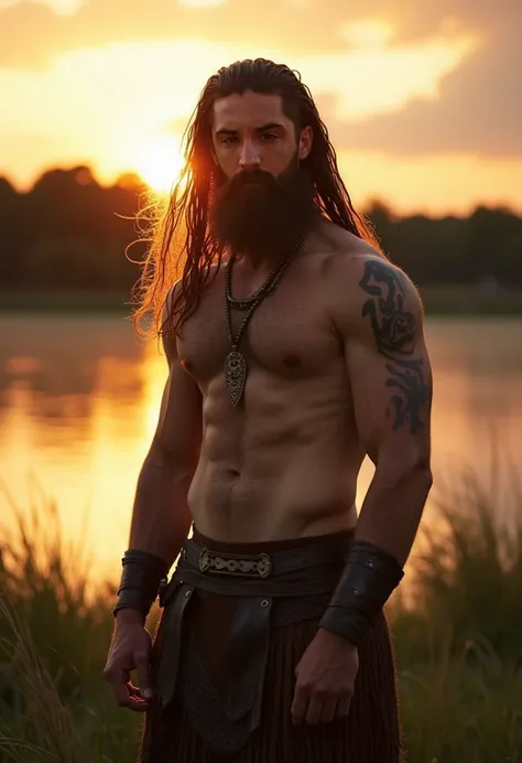 Photos of muscular vikings with big , Topless, Shirtless, Barechest, Warm summer evenings, Lake background, Dramaticlight, Very handsome, Long hair