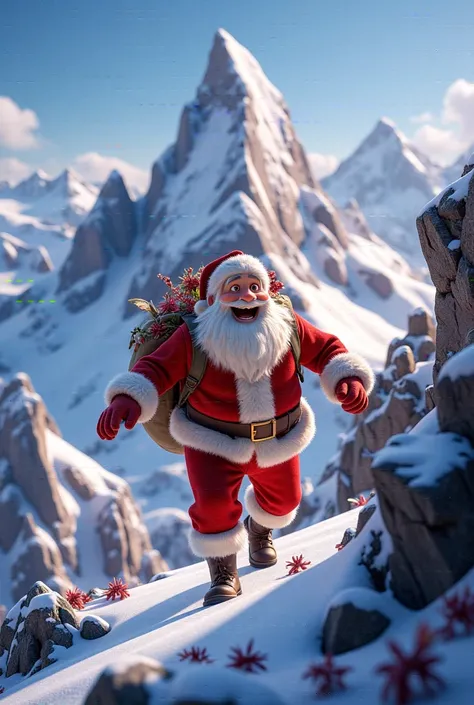 beautiful smiling Santa Claus climbing a mountain 