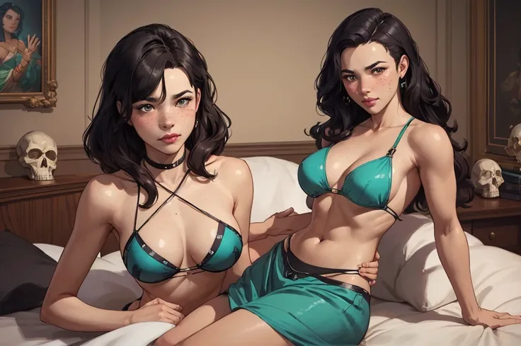 In a cartoon image of a woman in a black dress sitting ontwo women in bikinis sitting on a bed in a bedroom, artgerm and genzoman, wlop and sakimichan, wlop and artgerm, range murata and artgerm, ruan jia and artgerm, artgerm and wlop, wlop and ross tran, ...