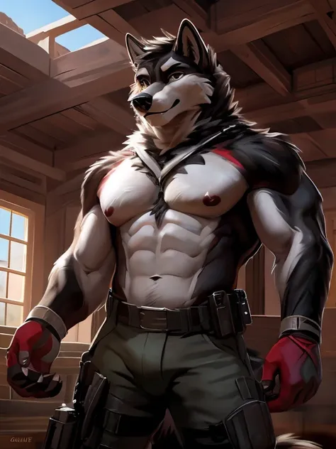 (1 gay boy, (dark wolf yiffy style,Modern warfare ,yiffy art style,cute and sexy looking hairy )),(by yiffy,by chunie,by WagnerMutt),soldier military uniform, military uniform completely wet with sweat, military background environment theme, in the militar...