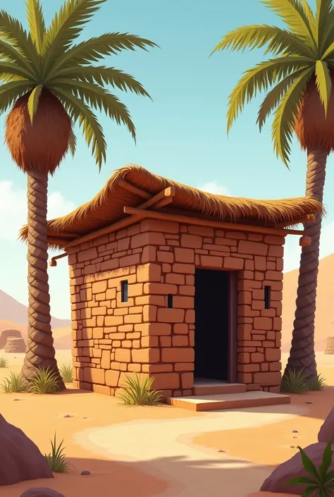 Draw the atmosphere of the building of a simple house wall of brick roof from palm leaf leaves building poles from the trunks of date trees in a village in the desert 