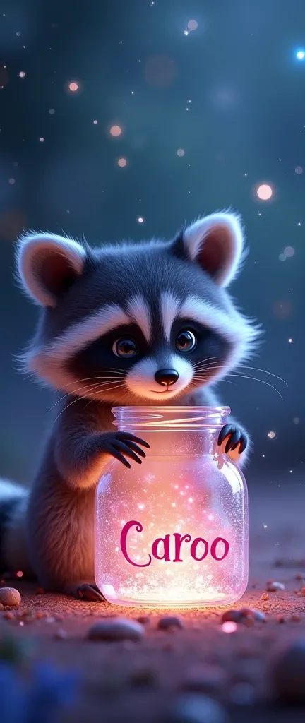 A photo of a cute extra fluffy baby raccoon holding a 3D render of a magical jar. The jar is filled with ethereal, multi-colored rainbow raccoon paws that gently pulse and emit a soft, warm glow. The paws are surrounded by a delicate shower of silver glitt...