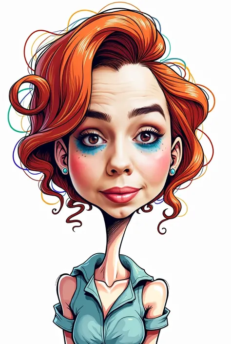  illustration, cartoon with a big head   ,  Exaggerated Features  ,   multicolored linear drawing on a white background, Scarlett Johansson 