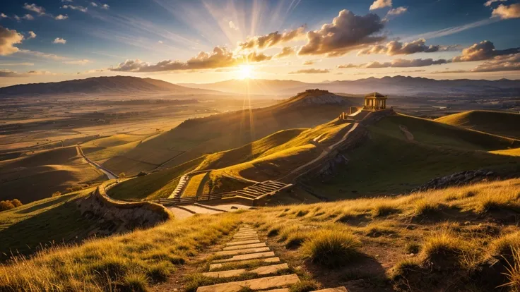 A shining golden staircase rising from an earthly landscape to a sky illuminated by celestial light.