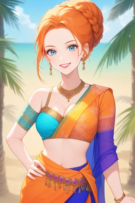 summer.smith, orange hair, 1girl, braid,bun, eyeshadow,lipstick,bindi, saree,,score_9, score_8_up, score_7_up, score_6_up, score_5_up, score_4_up, looking at viewer,cleavage, smirk, cowboy shot, bindi