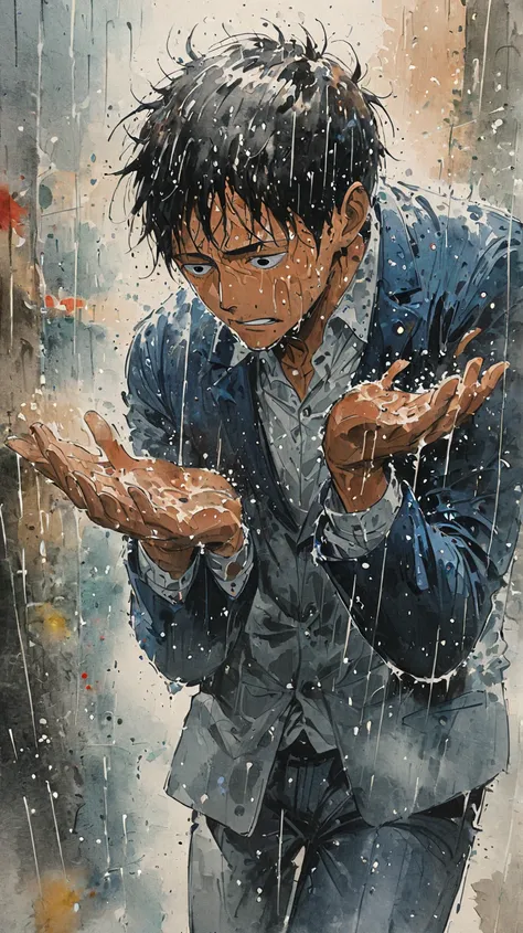  watercolor painting of a man wearing a suit in the rain. Full body photo of the Luffy character from One Piece drenched in rain.  tilting his head up to face the rain ,  rainwater flows down his face . he is walking on the street ,  extending his hands to...