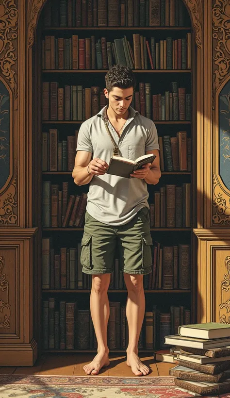 A cyberpunk, country boy, divine proportions, reading, masculine gaze, handsome, realisitic skinny detailed muscles, musled legs, barefoot, breathtaking beauty, rich intricate background, standing in a art noveau deco library, the most captivating masterpi...