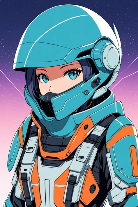 A female human soldier, with an elongated fish helmet. The style is futuristic anime. The setting is clean and minimal, a sci-fi-themed background, no text or symbols. The colors are flat and stylized, resembling traditional anime aesthetics, with clean li...