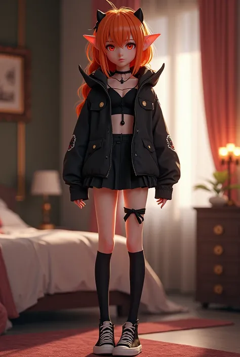   3d anime girl, with orange hair , with winter hoodie on the head with all-black details, with elf ears, and red eyes,  wearing a black blouse  ,  and wearing a short black skirt , e com piercing no umbigo,  knee-length black socks , and a pair of black s...