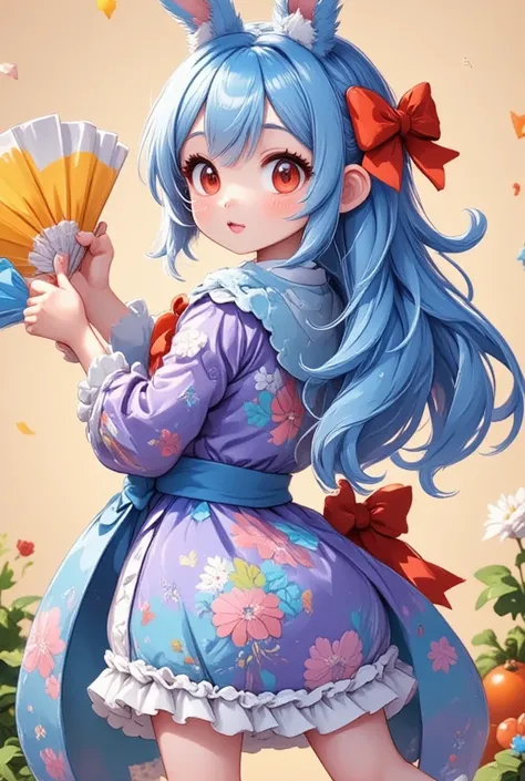 1girl, (furry girl, anthro rabbit:1.5), cute flat 2d anime illustration, animal nose, obi, long hair, blue hair, yellow eyes, braid, open mouth, ahoge, multicolored hair, blush, hair between eyes, streaked hair, colored tips, breasts, :d, hair flower, half...