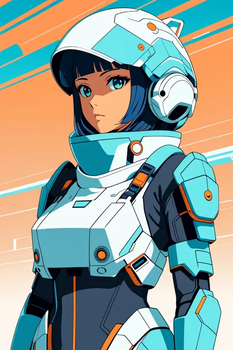 A female human soldier, with a fish shaped helmet. The style is futuristic anime. The setting is clean and minimal, a sci-fi-themed background, no text or symbols. The colors are flat and stylized, resembling traditional anime aesthetics, with clean lines ...