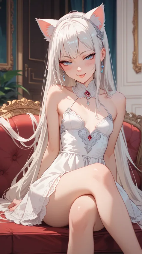 Tiny girl,Accurate, HD, Detail, Best Quality, white Hair, Long Hair, Very Long Hair, Cat Ears, Blush, Naughty Face, white dress, small breasts, sitting , crossed legs