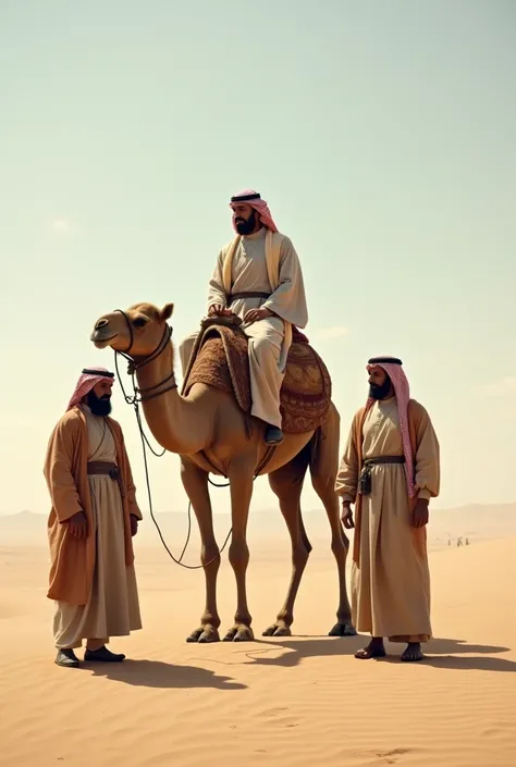 Describe the atmosphere of an Arab man sitting on a camel that is stopping an empty land and there are two Arab Edang men standing around him 