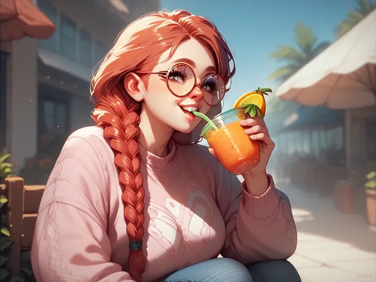 1 girl, ((by//red/braided)),  freckles on the face,  round lenses , rabbit teeth,  pink sweater, jeans, Drinking pineapple juice.