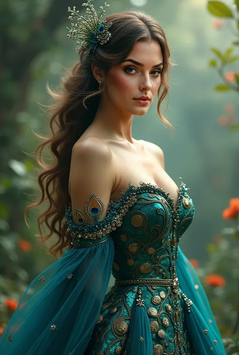 Hot girl, big boobs, breasts size 36D, deep cleavage, sexy makeup, sharp jawline, defined arms, defined collarbone , defined shoulders, sexy legs, A cinematic portrait of a woman radiating elegance, embodying the essence of a peacock. Her flowing gown shim...