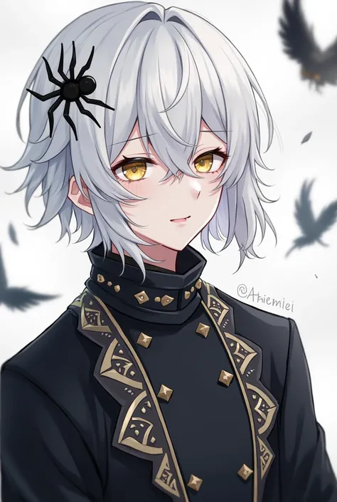  young man、 animated illustration、Alone,  Fluttering Black Bird Feathers、
Spider Hair Ornament 、White Hair、 Black Mesh 、Multicolored Hair、Prince、
Yellow Eyes、 black coat、 black hair、 black hair, bangs, 目の間のbangs,  colorful hair, 長い髪, 