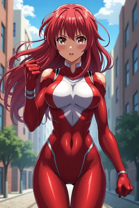 My Hero Academia Style , Anime girl, female, young female ,Full Body Shot,(fighting stance:1.3),Long hair, Red Hair,  Brown Eyes,Hero Suit, Full Body Suit, red suit with white details, perfect anatomy,  （Toughened Abs）,super detailed,(Buildings:1.2）